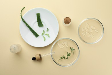 Photo of Flat lay composition with Petri dishes and plants on beige background