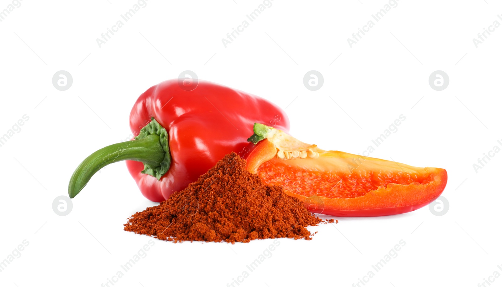 Photo of Fresh bell peppers and paprika powder on white background