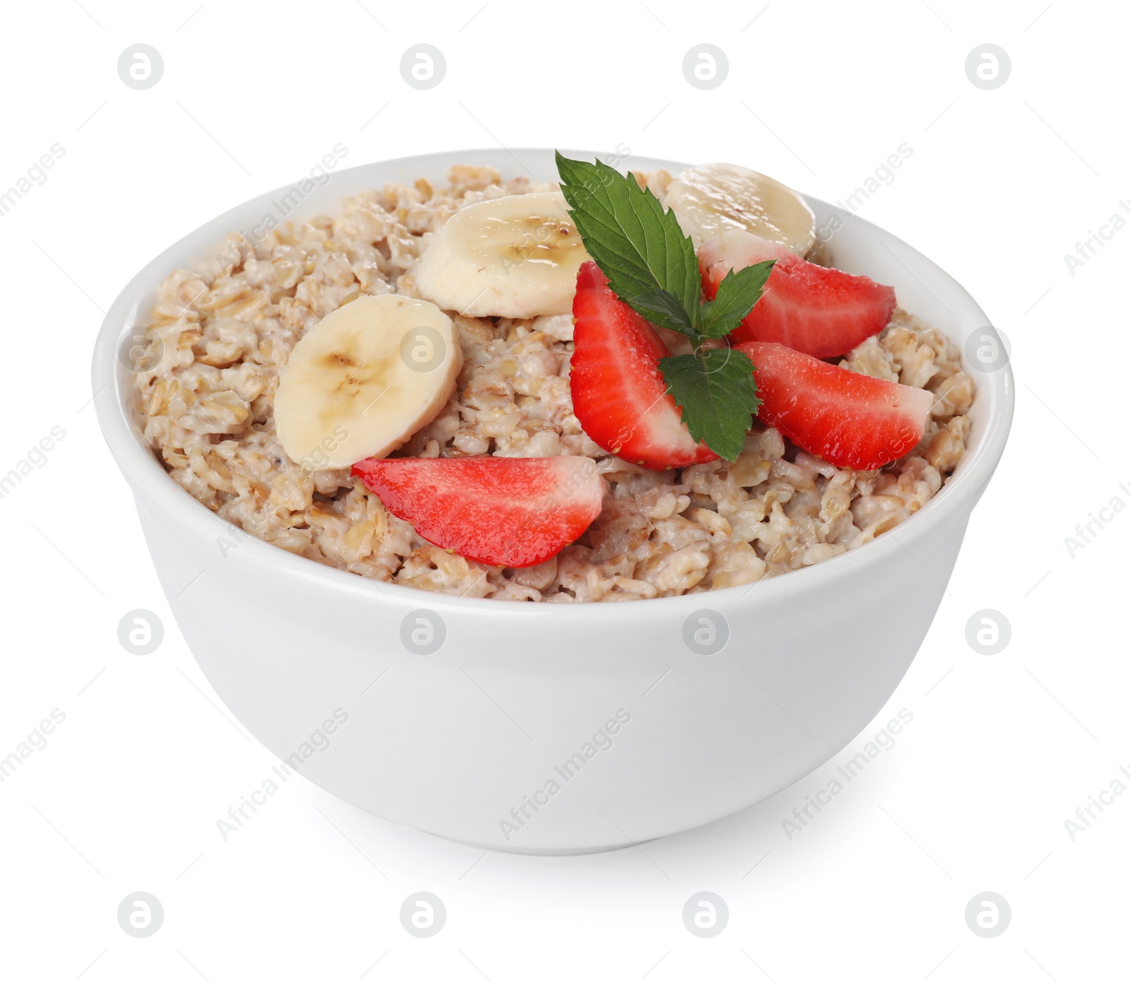 Photo of Tasty boiled oatmeal with strawberry and banana in bowl isolated on white