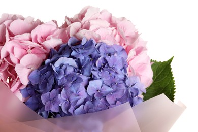 Photo of Bouquet with beautiful hortensia flowers on white background, closeup