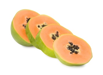 Fresh ripe papaya slices on white background