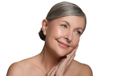 Photo of Beautiful mature woman with healthy skin on white background