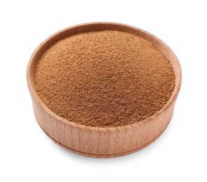 Photo of Aromatic cinnamon powder in wooden bowl on white background