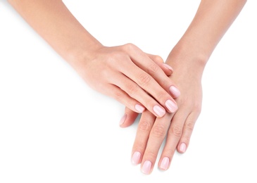 Photo of Woman with beautiful hands on white background, closeup. Spa treatment