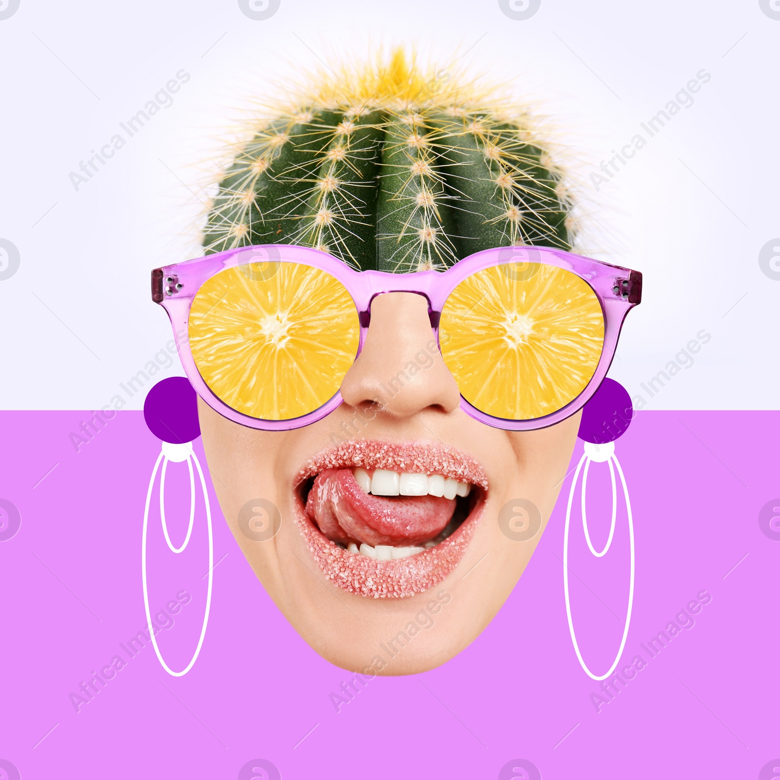 Image of Stylish art collage. Woman with cactus on top of head and lemon sunglasses on color background