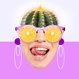Image of Stylish art collage. Woman with cactus on top of head and lemon sunglasses on color background
