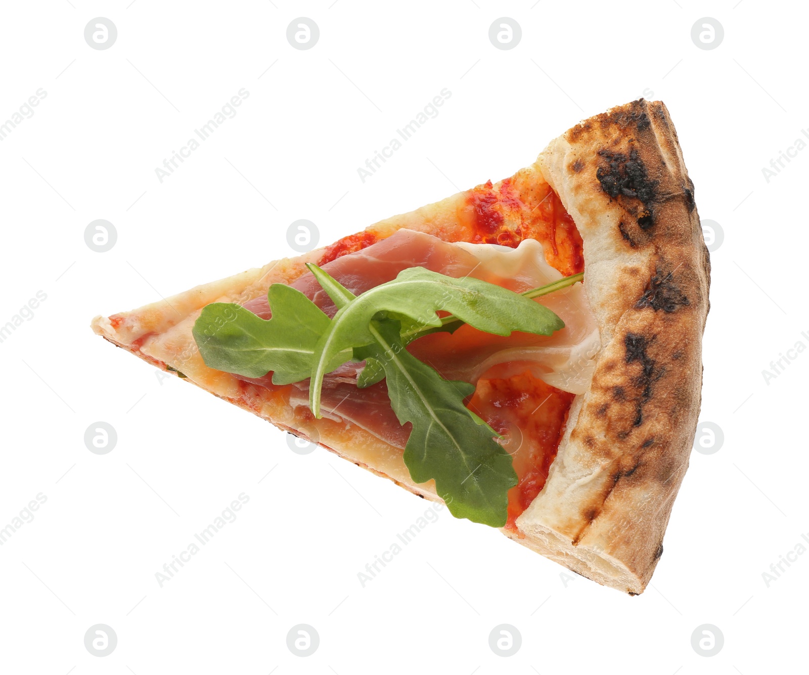 Photo of Slice of tasty pizza with meat and arugula isolated on white, top view