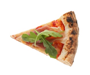 Photo of Slice of tasty pizza with meat and arugula isolated on white, top view