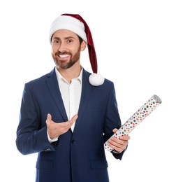 Photo of Happy man with party popper on white background