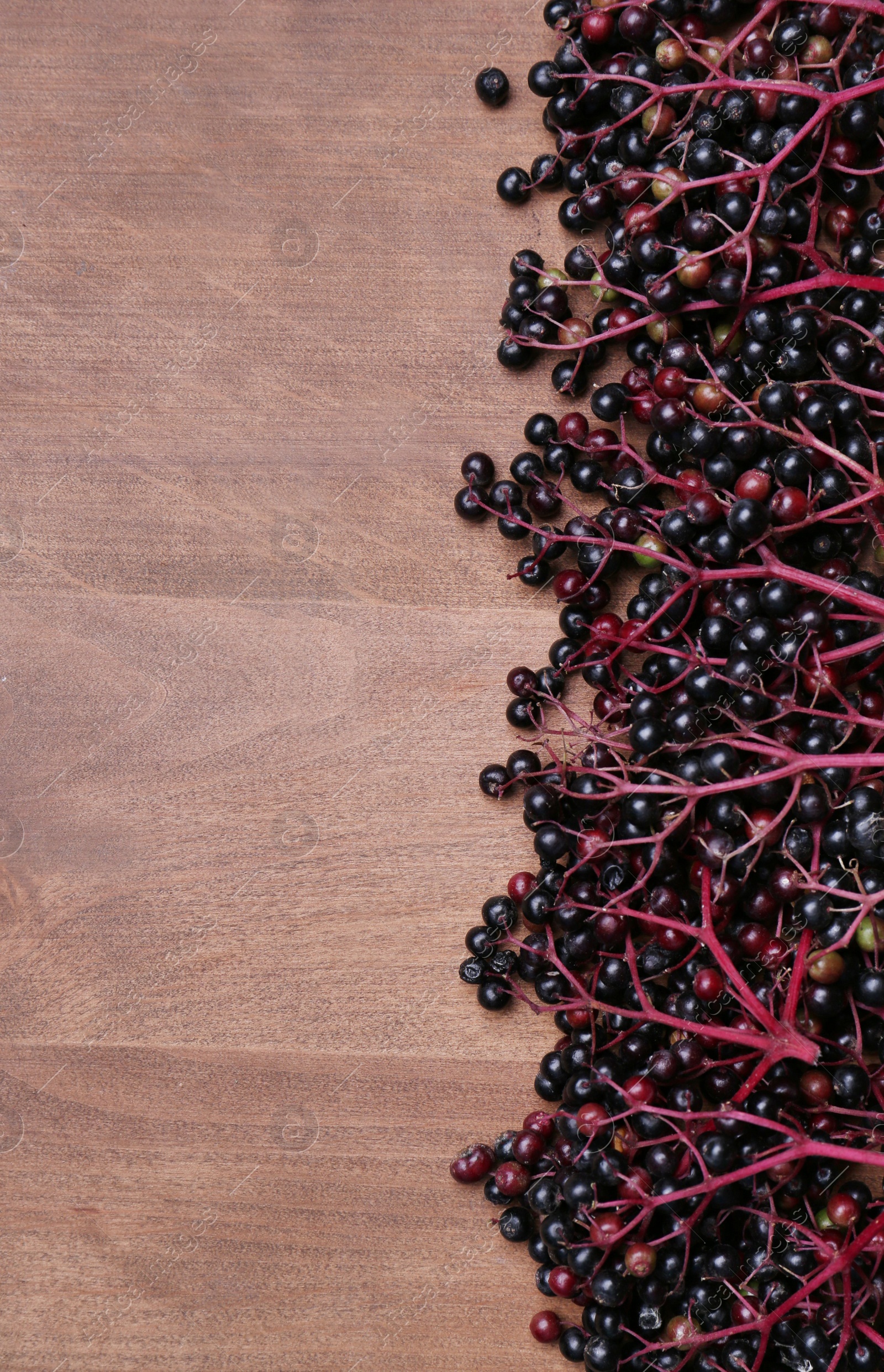 Photo of Tasty elderberries (Sambucus) on wooden table, top view. Space for text