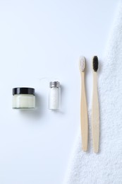 Bath accessories. Flat lay composition with personal care products on white background