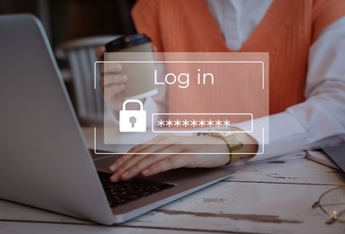 Image of Privacy protection. Woman using laptop at table, closeup. Digital login interface