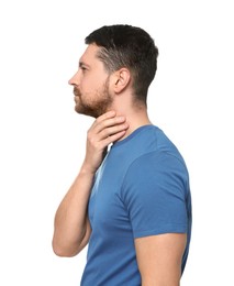 Man suffering from sore throat on white background