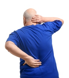 Photo of Senior man suffering from pain in back on white background