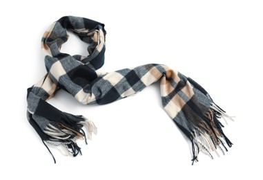 Photo of One beautiful checkered scarf on white background, top view