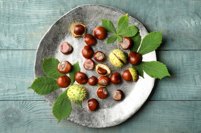 Photo of Horse chestnuts and leaves on blue wooden table, top view