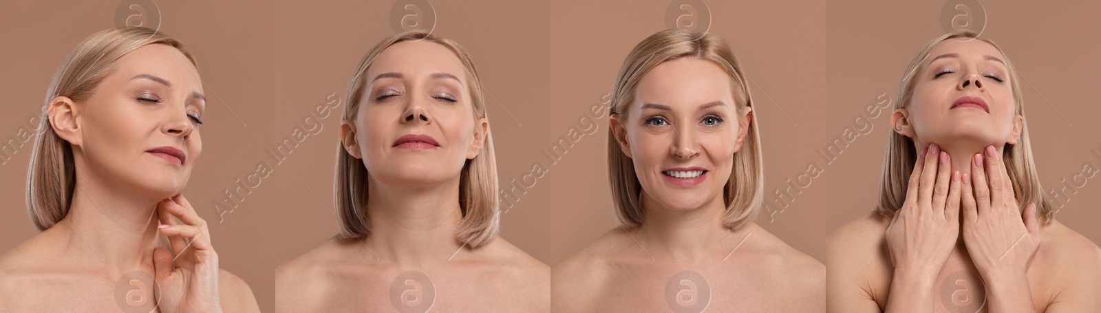 Image of Beautiful woman with healthy skin on light brown background, set with photos
