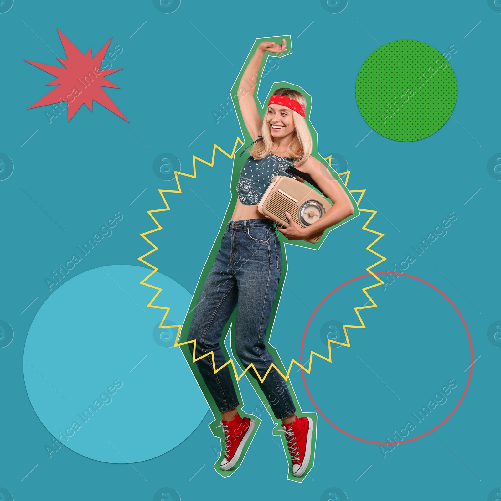 Image of Pop art poster. Happy hippie woman with retro radio receiver dancing on bright background, pin up style