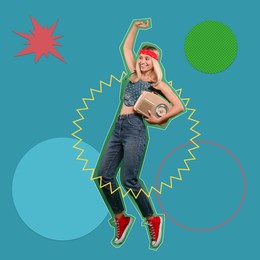 Pop art poster. Happy hippie woman with retro radio receiver dancing on bright background, pin up style
