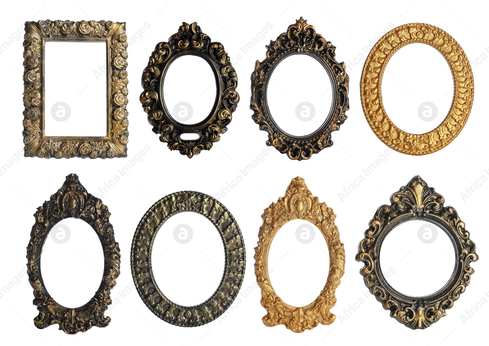 Image of Set of different vintage frames on white background