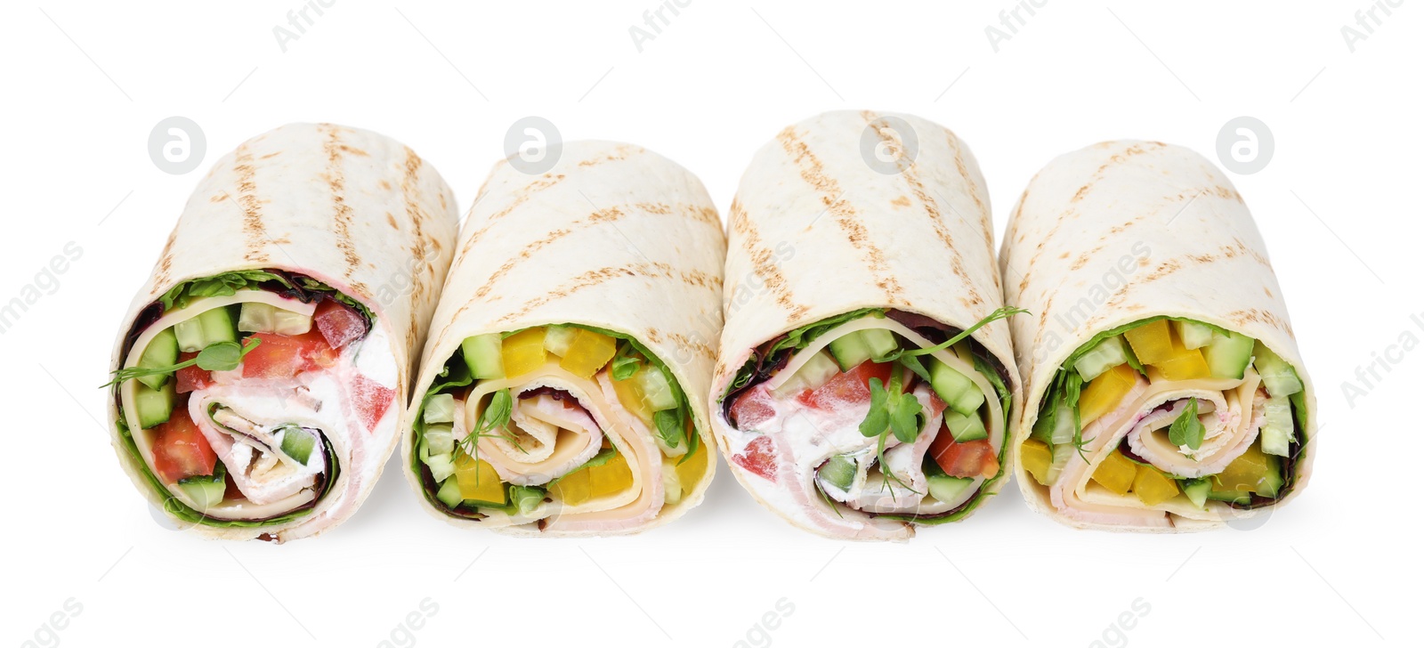 Photo of Delicious sandwich wraps with fresh vegetables isolated on white