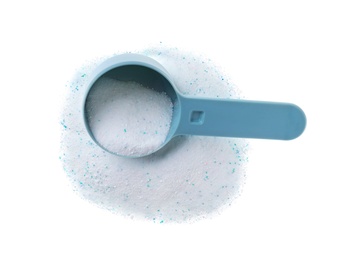 Photo of Measuring spoon with laundry powder on white background, top view