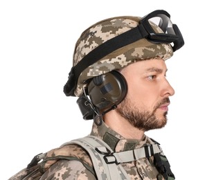 Photo of Soldier in Ukrainian military uniform with tactical goggles and headphones on white background