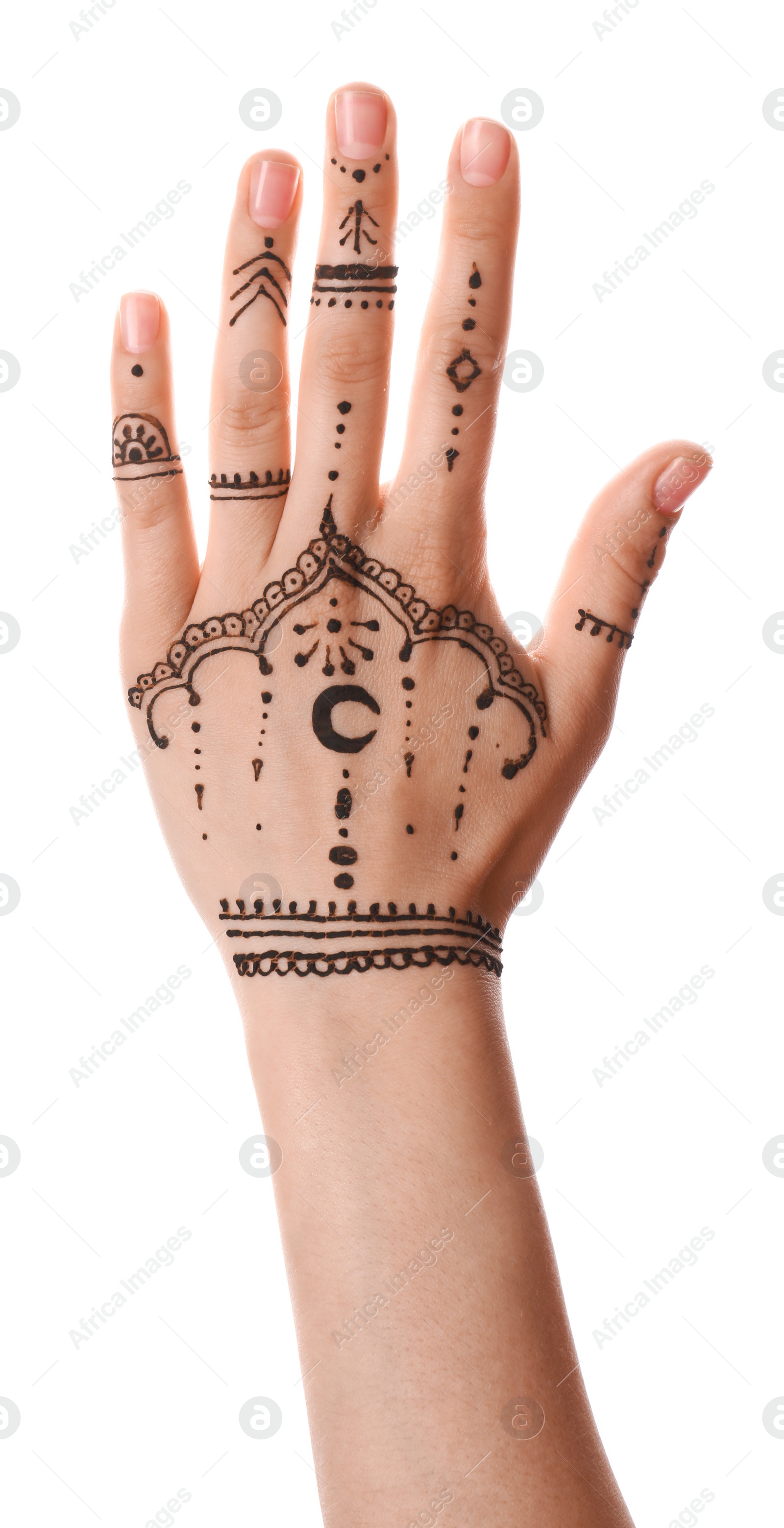 Photo of Woman with henna tattoo on hand against white background, closeup. Traditional mehndi ornament