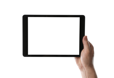 Man holding tablet computer with blank screen on white background, closeup. Modern gadget