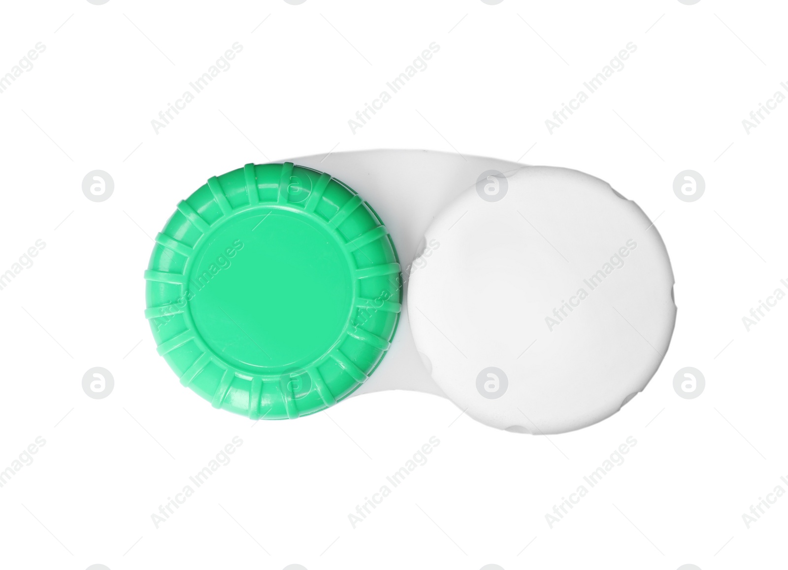 Photo of Container with contact lenses on white background, top view. Medical item