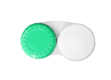 Container with contact lenses on white background, top view. Medical item