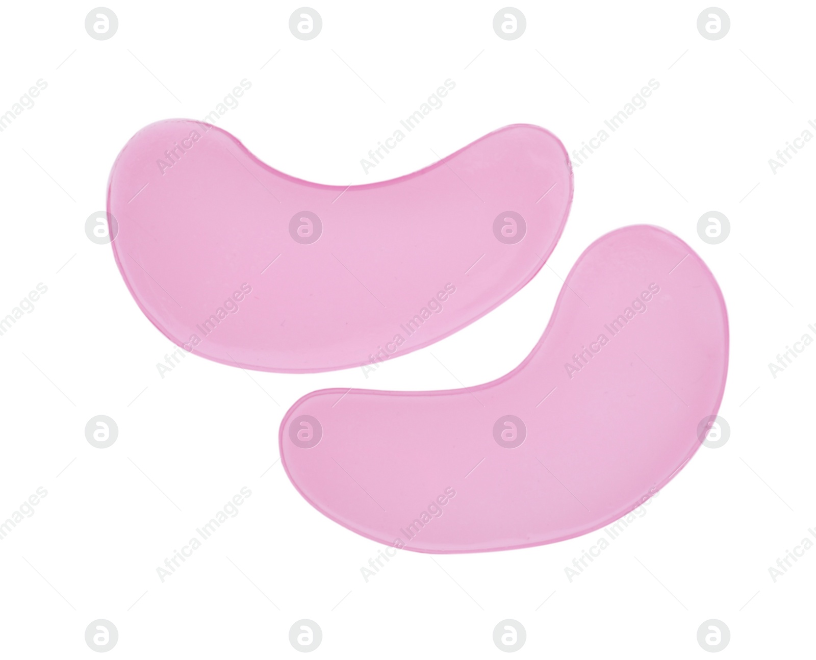 Photo of Pink under eye patches on white background, top view. Cosmetic product