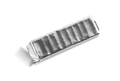 Photo of Pack with chewing gums on white background, top view