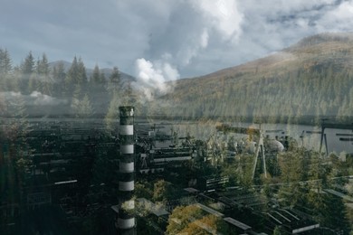 Environmental pollution. Mountain landscape and industrial factory with emissions, double exposure