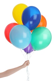 Photo of Woman holding bunch of colorful balloons on white background