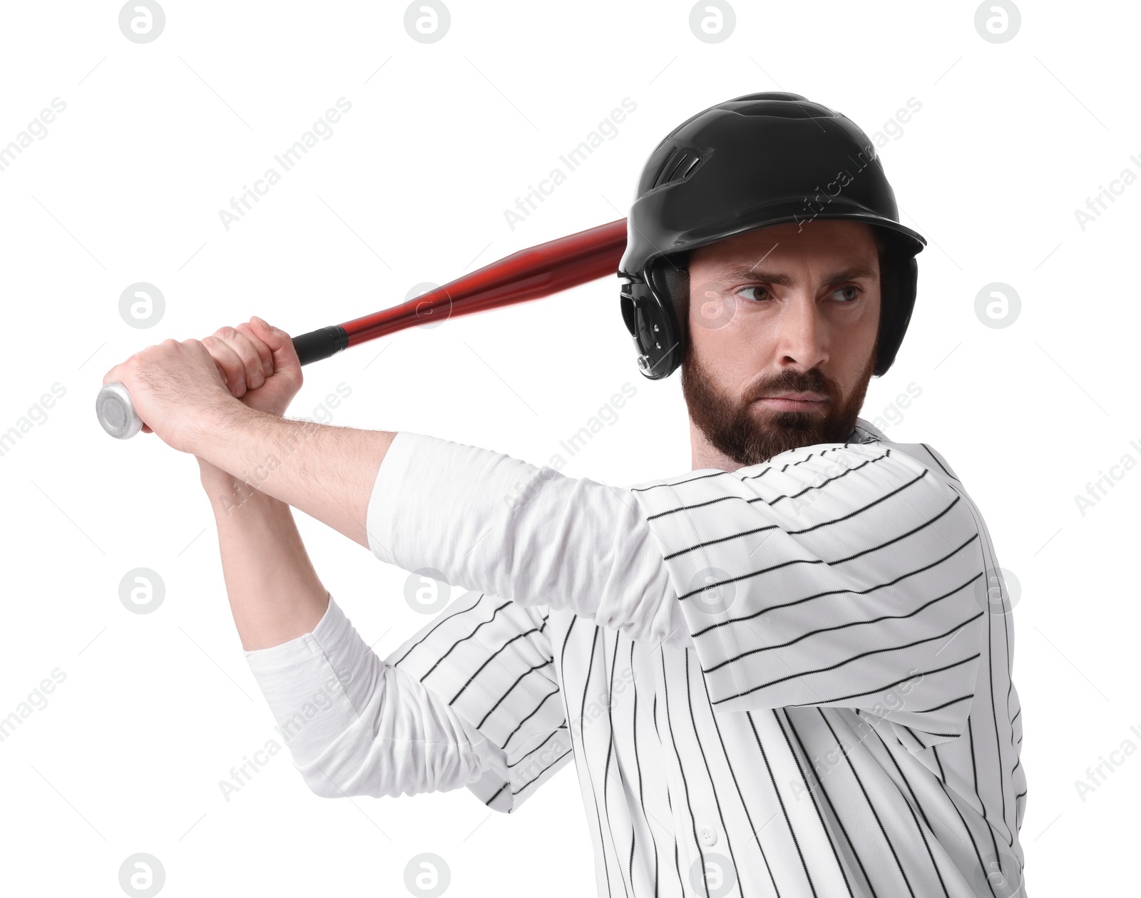 Photo of Baseball player taking swing with bat on white background