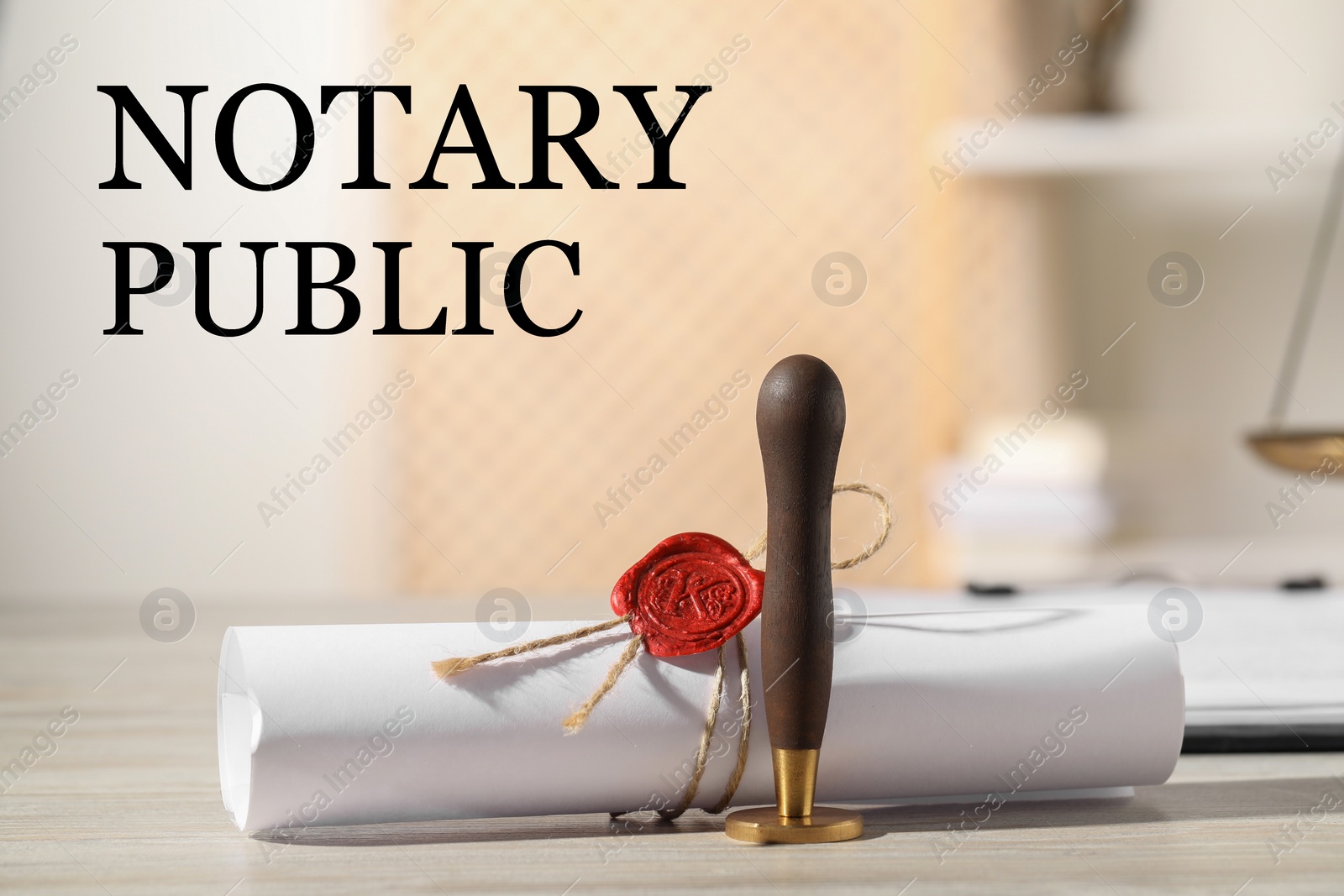 Image of Public notary. Document with wax stamp on wooden table