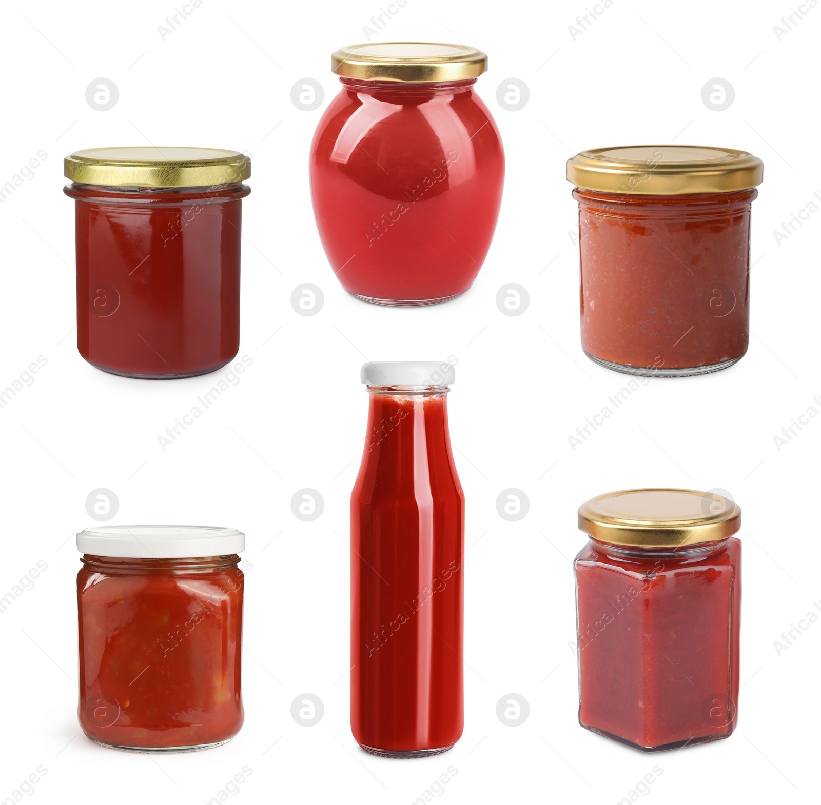 Image of Delicious tomato sauces isolated on white, set