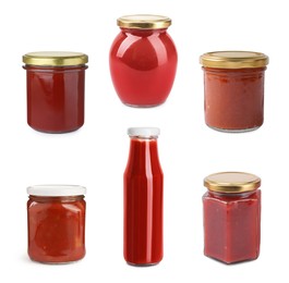 Image of Delicious tomato sauces isolated on white, set