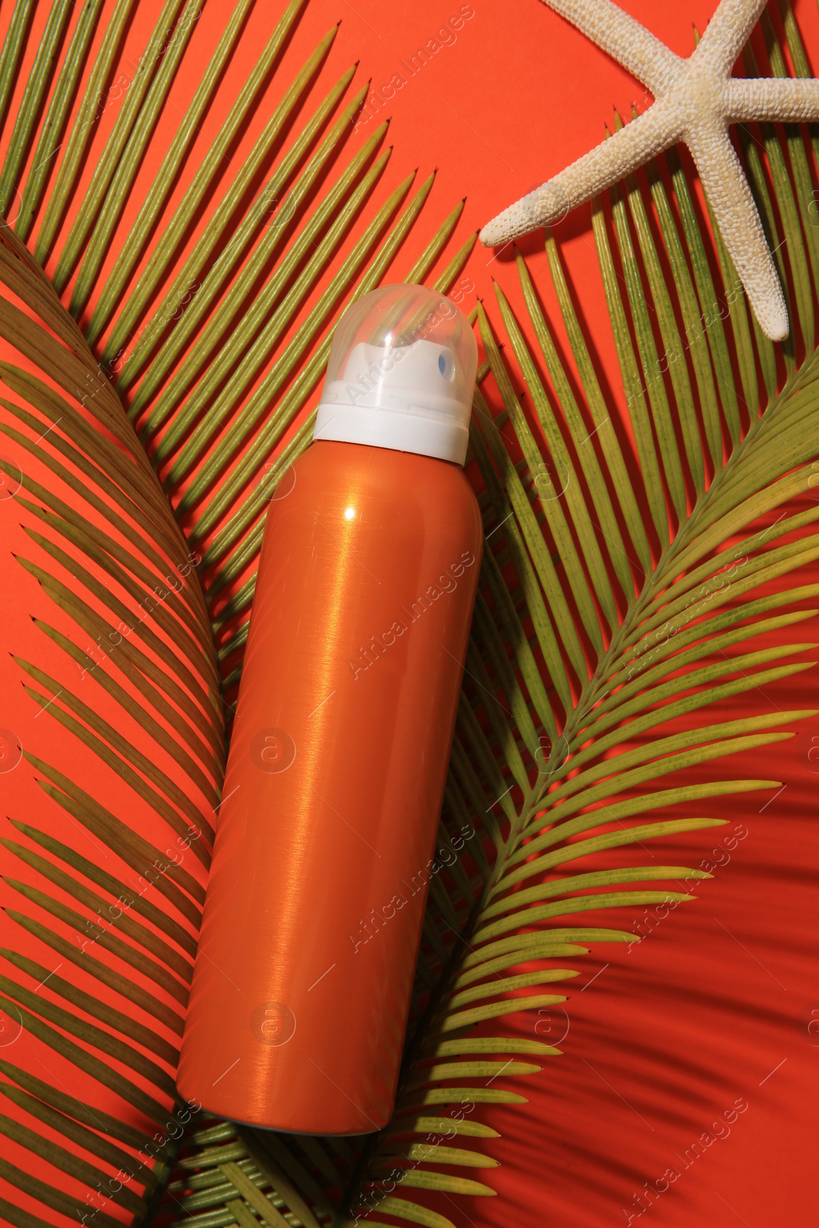 Photo of Sunscreen, starfish and tropical leaves on coral background, flat lay. Sun protection care
