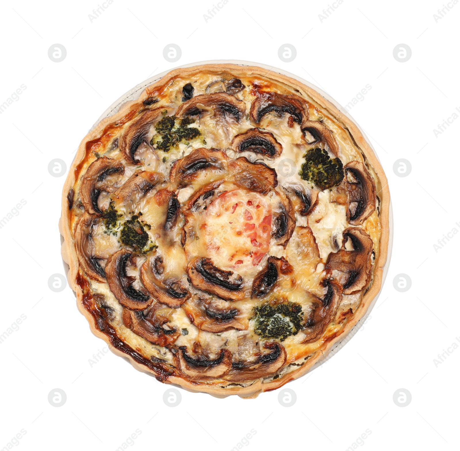 Photo of Delicious quiche with mushrooms isolated on white, top view