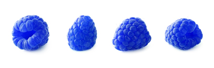 Image of Set of fresh blue raspberries on white background, banner design