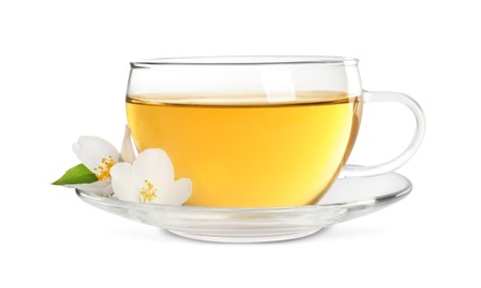 Photo of Glass cup of aromatic jasmine tea and fresh flowers on white background