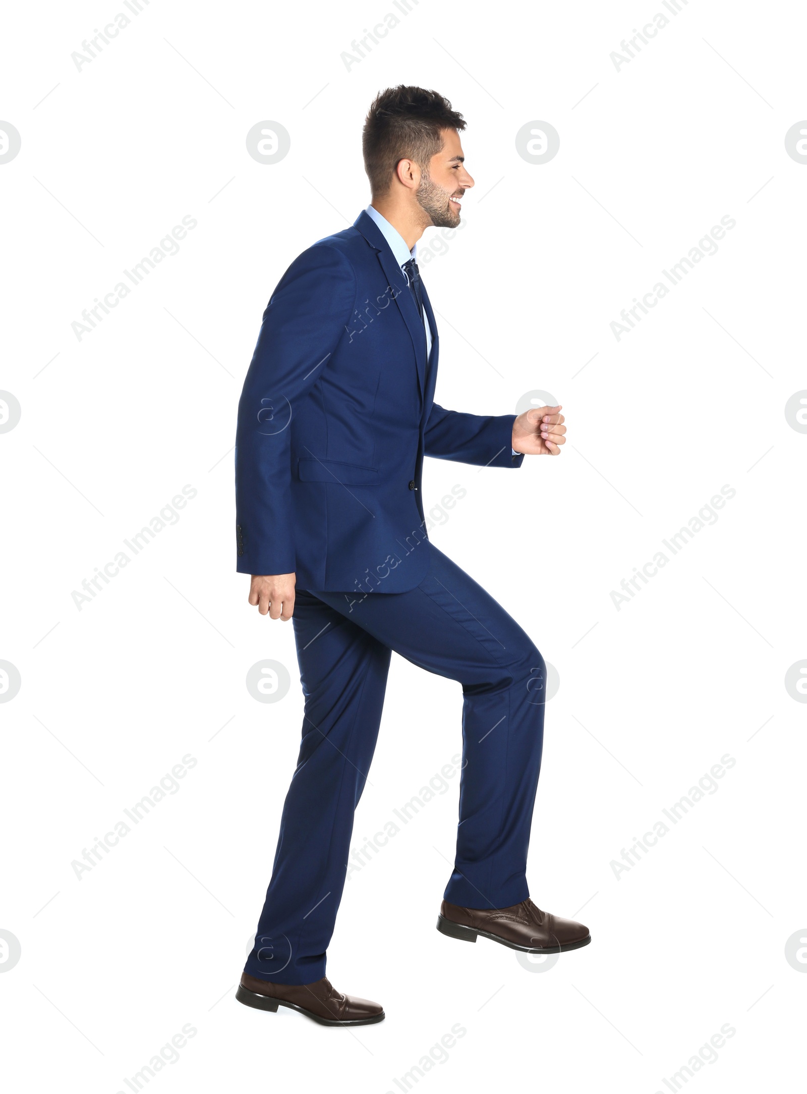 Photo of Businessman walking on white background. Career ladder