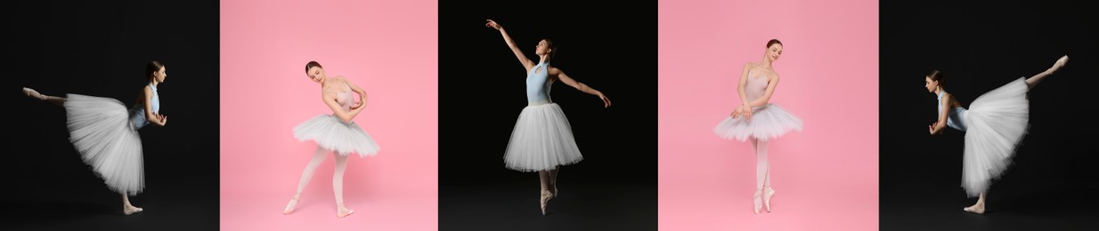 Ballerina practicing dance moves on color backgrounds, set of photos