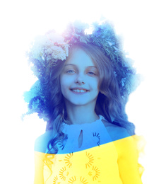 Double exposure of adorable little girl wearing flower wreath and Ukrainian flag 