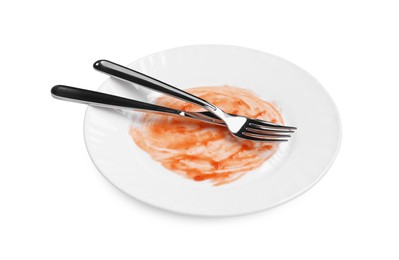 Photo of Dirty plate and cutlery on white background