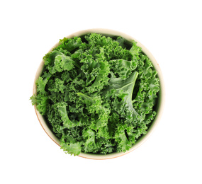 Photo of Fresh green kale leaves isolated on white, top view