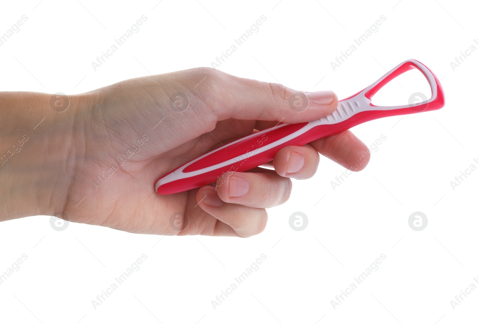 Photo of Woman holding tongue cleaner for oral care on white background, closeup