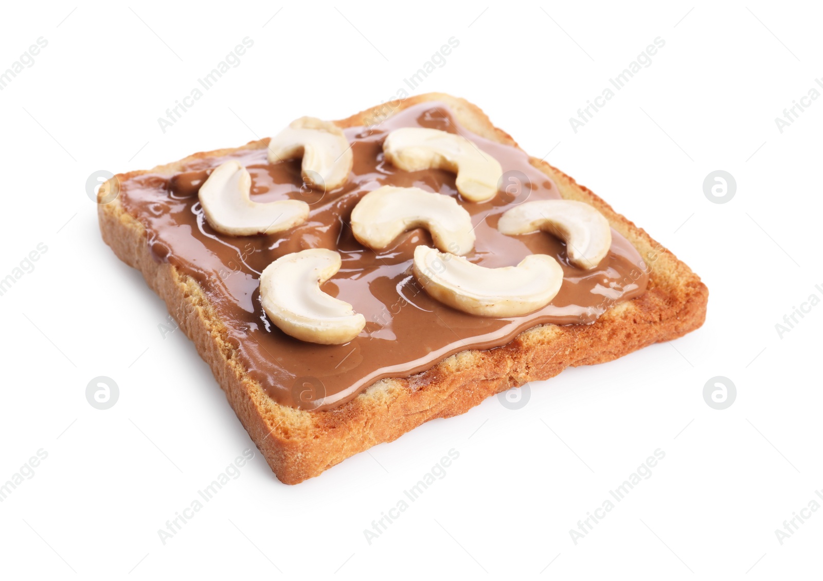 Photo of Toast with tasty nut butter and cashews isolated on white